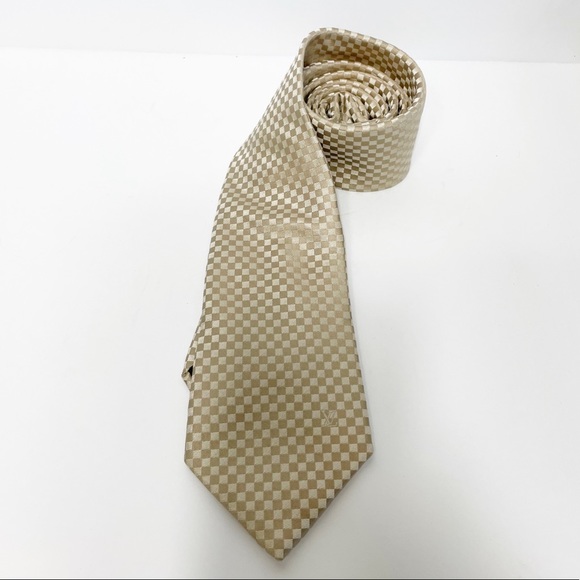 Louis Vuitton Gold Micro Damier Classic Pattern Checked Silk Tie - Picture 2 of 5